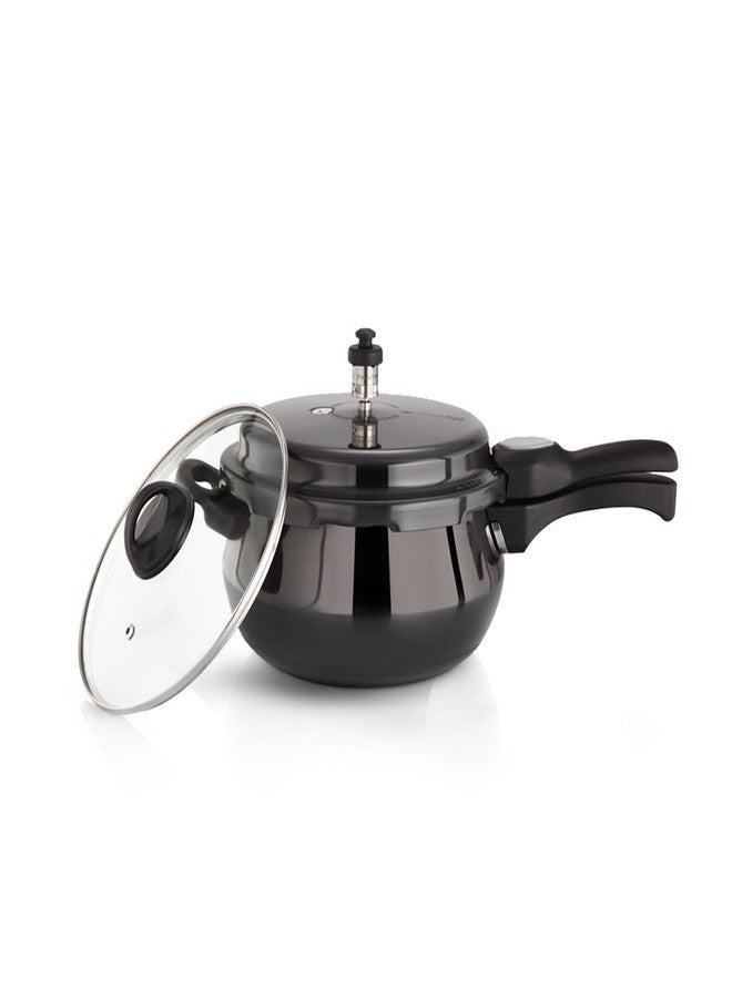 بريمير طنجرة ضغط يدوية من بريمير كوتشينا، لون أسود أنيق، قاعدة صلبة مؤكسدة، سعة 1.5 لتر، مزودة بغطاء زجاجي - طنجرة متينة ومتعددة الاستخدامات لطهي متساوٍ، متوافقة مع مواقد الحث الحراري. - Image 1